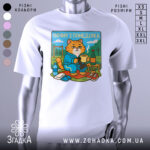 Футболка почну з понеділка, біла, зображена на манекені, фон світло-сірий, принт з котом у синьому халаті, що сидить на килимку з чашкою в руках.