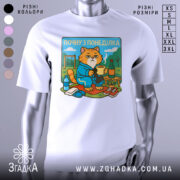 Футболка почну з понеділка, біла, зображена на манекені, фон світло-сірий, принт з котом у синьому халаті, що сидить на килимку з чашкою в руках.