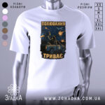 Футболка полювання триває, біла футболка на манекені, фон світло-сірий, принт з зображенням військового з кулеметом на пікапі, на фоні літака та вибухів.