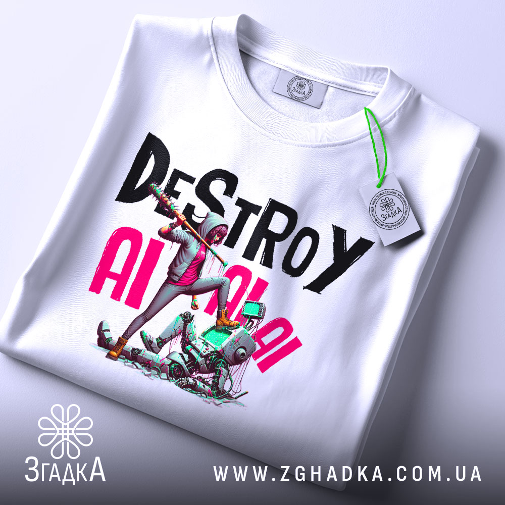 Футболка проти машин. Біла футболка, складена на поверхні, фон світлий, принт з написом 'DESTROY AI' та ілюстрацією персонажа, що наступає на робота, з етикеткою на комірці.