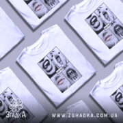 Футболка провокаційний арт, біла, зображена на манекені, фон світло-сірий, принт складається з чотирьох чорнобілих зображень з виразними губами і зубами, текст "FUCK YEAH" на чорному фоні.