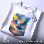 Футболка птах свободи, біла, складена на поверхні, фон світло-сірий, принт з птахом з жовтими та блакитними крилами, з етикеткою на комірці.