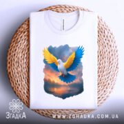Футболка птах свободи, біла, складена на плетеній кошику, фон світло-сірий, принт з птахом з жовтими та блакитними крилами на фоні заходу сонця.
