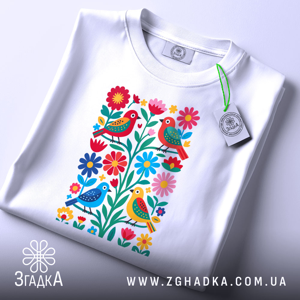 Футболка пташки у квітах, біла, складена на поверхні, фон світло-сірий, принт з пташками і квітами, з біркою на комірці.