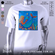 Футболка русалка читає, біла, з фронтальним ракурсом, на фоні світло-сірого, принт з русалкою, яка читає книгу, оточена водоростями та морськими елементами, яскраві кольори: блакитний, зелений, оранжевий.