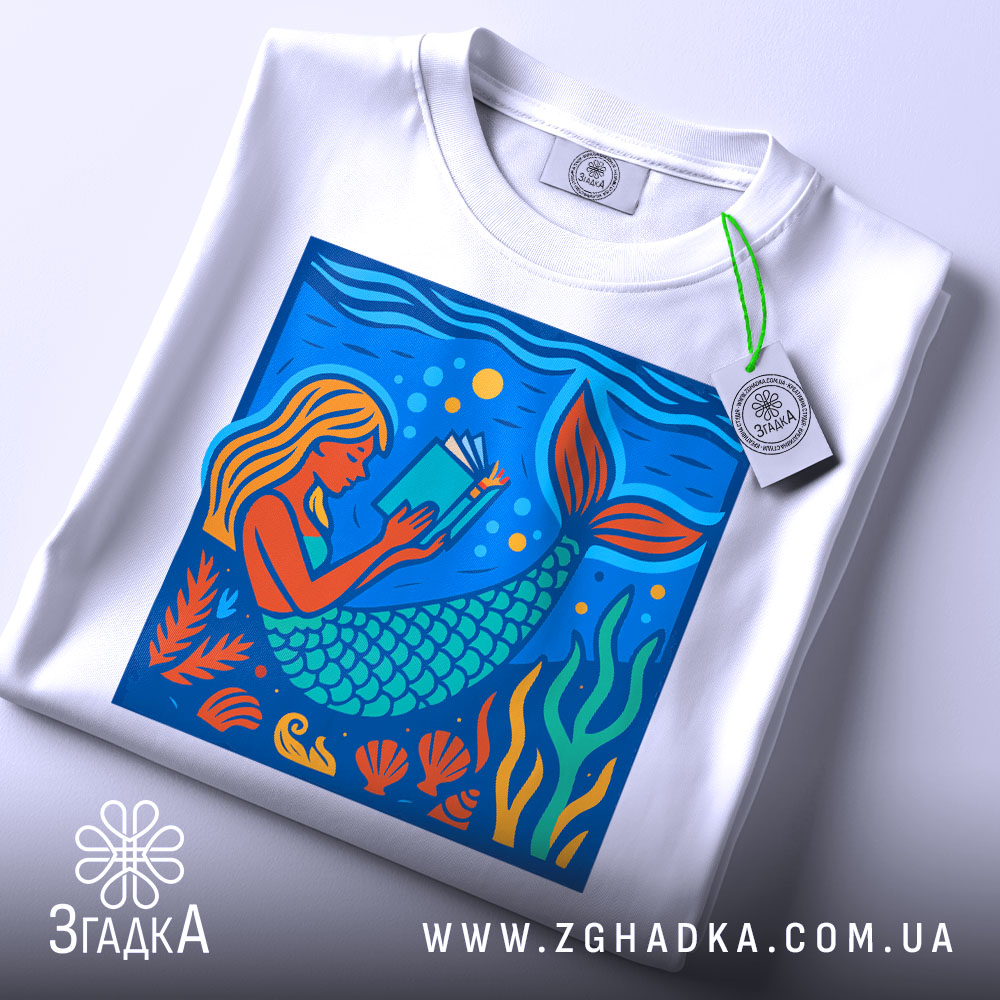 Футболка русалка читає, біла, з верхнього ракурсу, на фоні світло-сірого, принт з русалкою, яка читає книгу, деталі принта яскраві, з акцентами на водоростях та морських елементах, прикріплена етикетка.