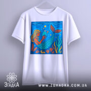 Футболка русалка читає, біла, з фронтального ракурсу, на фоні світло-сірого, принт з русалкою, яка читає книгу, оточена водоростями та морськими елементами, яскраві кольори: блакитний, зелений, оранжевий.