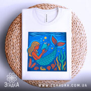 Футболка русалка читає, біла, з верхнього ракурсу, на фоні плетеного кошика, принт з русалкою, яка читає книгу, яскраві кольори, оточена водоростями та морськими елементами.