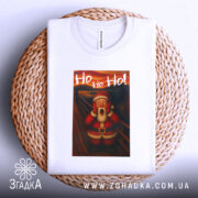 Футболка Санта білого кольору, складена на плетеній кошику, фон світло-сірий, принт з Сантою в червоному костюмі, який вигукує 'Ho Ho Ho!', з видимими швами та етикеткою.