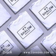 Футболка шалом Бердичів, біла, зображена з правого ракурсу, фон світло-сірий, принт чорного кольору з написом 'N°5 SHALOM BERDYCHIV' у прямокутній рамці.