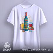 Футболка щасливі люди, білого кольору, зображена з фронтального ракурсу на манекені, фон світло-сірий, принт з пляшкою вина, келихом та книгами, яскраві кольори, текст на українській мові.