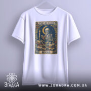 Футболка скелет читає, біла, підвішена на вішалці, фон світло-сірий, принт з скелетом, що читає книгу, оточений книгами та свічкою, видно деталі принта.