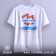 Футболка скромний найкращий. Біла футболка з коротким рукавом, зображена з фронтального ракурсу на світло-сірому фоні. Принт містить червоні та сині елементи з текстом про важливість скромності.