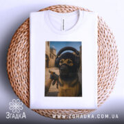 Футболка собака геймер, біла, зображена на плетеній основі, фон світлий, принт з собакою в навушниках та масці, на фоні ігрового середовища.