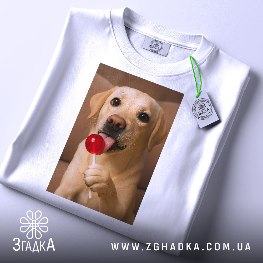 Футболка собака з льодяником, біла, зображення собаки з льодяником, розкладена на поверхні, видно етикетку, фон світлий, принт чіткий і кольоровий.