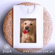 Футболка собака з льодяником, біла, складена на плетеній основі, зображення собаки з льодяником, фон світлий, принт чіткий, собака виглядає грайливо.