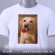 Футболка собака з льодяником, біла, зображення собаки з льодяником, розкладена на поверхні, видно етикетку, фон світлий, принт чіткий і кольоровий.