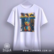 Футболка стоп війна, біла, підвішена на вішалці, фон світло-сірий, принт з ведмедиком на фоні зруйнованого міста, яскраві кольори.