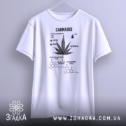 Футболка стиль канабіс, біла, підвішена на вішалці, фон світло-сірий, принт чорного кольору з малюнком листа канабісу та текстом про канабіноїди.