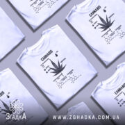 Футболка стиль канабіс, біла, зображена на манекені з правого боку, фон світло-сірий, принт чорного кольору з малюнком листа канабісу та текстом про канабіноїди.