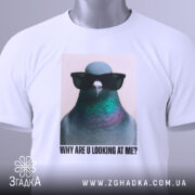 Футболка стильний голуб, біла, зображена з верхнього ракурсу, фон світло-сірий, принт з птахом у сонцезахисних окулярах, текст під ним: 'WHY ARE U LOOKING AT ME?', на футболці є етикетка з логотипом.