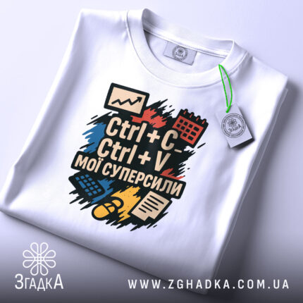 Футболка суперсили копіювання, біла, зображена зверху, складена на поверхні, фон світло-сірий, принт з текстом "Ctrl + C Ctrl + V мої суперсили" яскравих кольорів, з етикеткою на комірці.