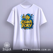 Футболка сваха року, біла, зображена з фронтального ракурсу, фон світло-сірий, принт з жовтим текстом 'СВАХА РОКУ' та ілюстрацією усміхненої жінки в блакитному головному уборі.