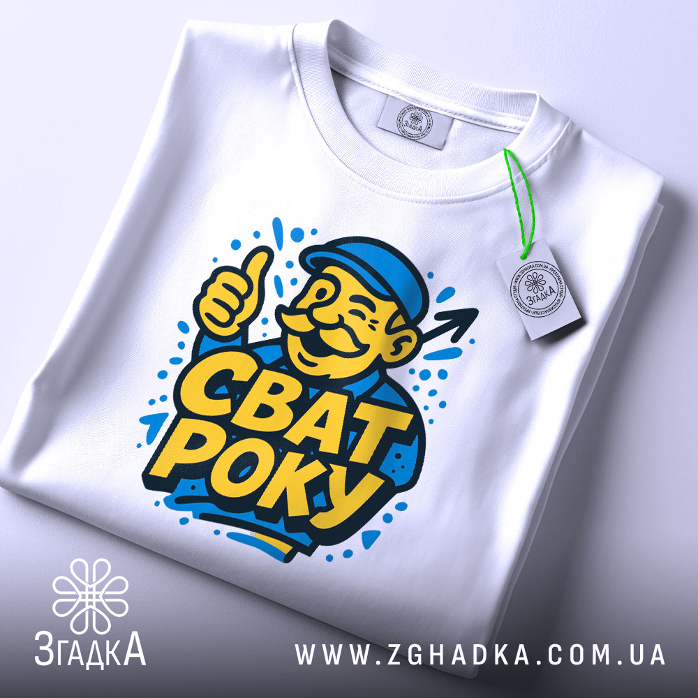 Футболка сват року, біла, складена на столі, фон світло-сірий, принт з усміхненим чоловіком у капелюсі, який піднімає великий палець, текст "СВАТ РОКУ" яскраво-жовтого кольору, на футболці є етикетка з зеленим шнурком.