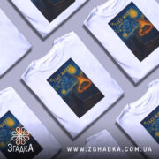 Футболка таке життя, біла, з прямим ракурсом, на фоні світло-сірого кольору, принт з зображенням кота на даху, що дивиться на зоряне небо з вибухом, текст 'ТАКЕ ЖИТТЯ' вгорі.