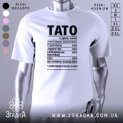 Футболка тато денна норма, біла, зображена на манекені, фон світлий, принт чорний з текстом, що містить різні відсотки і назви.