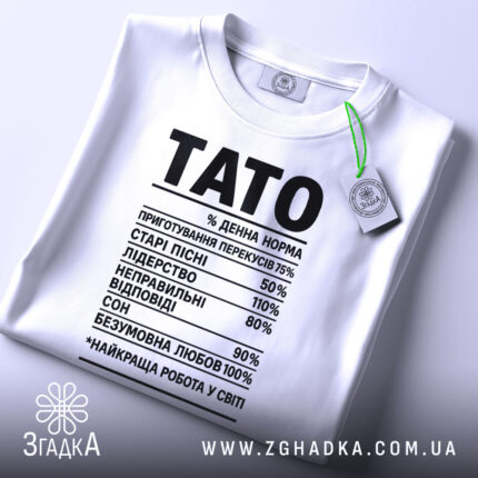 Футболка тато денна норма, біла, складена на поверхні, фон світлий, на комірці зелена етикетка, принт чорний з текстом, що містить різні відсотки і назви.