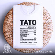 Футболка тато денна норма, біла, складена на плетеній кошику, фон світлий, принт чорний з текстом, що містить різні відсотки і назви.