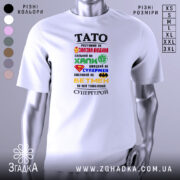 Футболка тато супергерой білого кольору, зображена на манекені, фон нейтральний, принт містить різнокольорові символи супергероїв та текст, що описує тата як супергероя.