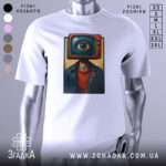 Футболка телевізор око, біла, зображена на манекені, ракурс спереду, фон світло-сірий, принт з телевізором і оком на голові персонажа в синій куртці.