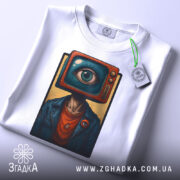 Футболка телевізор око, біла, зображена зверху, фон світло-сірий, принт з телевізором і оком на голові персонажа, прикріплена етикетка з зеленим шнурком.