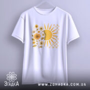Футболка тепло життя. Біла футболка, підвішена на вішалці, з принтом сонця і квітів жовтого кольору. Фон світло-сірий, футболка зображена з фронтального ракурсу.
