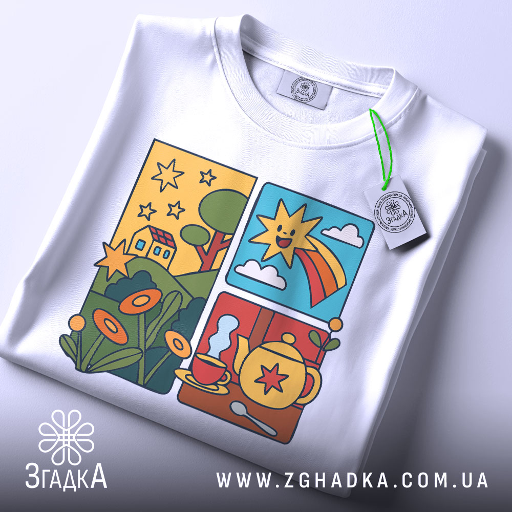 Футболка теплий ранок. Біла футболка, складена на поверхні, принт яскравий, з елементами природи, сонце та чайник, на футболці є етикетка з зеленим шнурком.