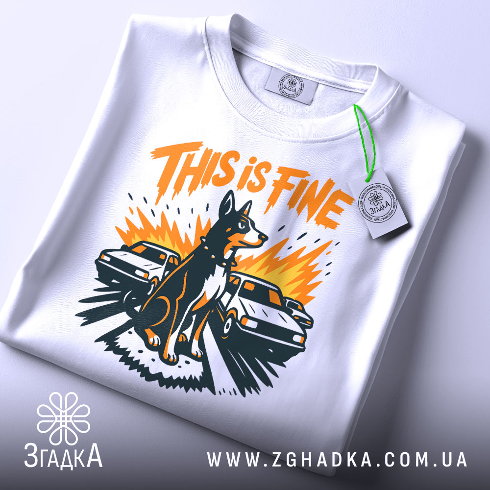 Футболка this is fine, біла, складена на столі, фон світло-сірий, принт з собакою на фоні двох автомобілів, яскраві кольори: оранжевий, чорний, жовтий, з етикеткою на шнурку.