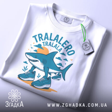 Футболка Tralalero Tralala білого кольору, зображена зверху на столі, фон світло-сірий. Принт з акулами у спортивному взутті, оточений хмарами та сонцем, виконаний у блакитних та жовтих тонах, з етикеткою на шнурку.