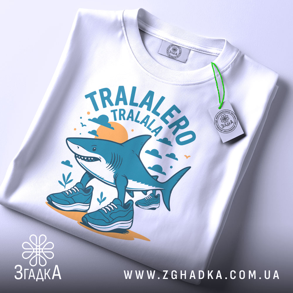 Футболка Tralalero Tralala білого кольору, зображена зверху на столі, фон світло-сірий. Принт з акулами у спортивному взутті, оточений хмарами та сонцем, виконаний у блакитних та жовтих тонах, з етикеткою на шнурку.