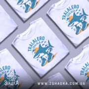 Футболка Tralalero Tralala білого кольору, зображена з близького ракурсу на манекені, фон світло-сірий. Принт з акулами у спортивному взутті, оточений хмарами та сонцем, виконаний у блакитних та жовтих тонах.