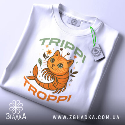 Футболка Trippi Troppi білого кольору, зображена зверху, на ній видно принт з оранжевим котом, оточеним рослинами, напис 'TRIPPI TROPPi' у зеленому та оранжевому кольорах, на футболці також є етикетка з зеленим шнурком.