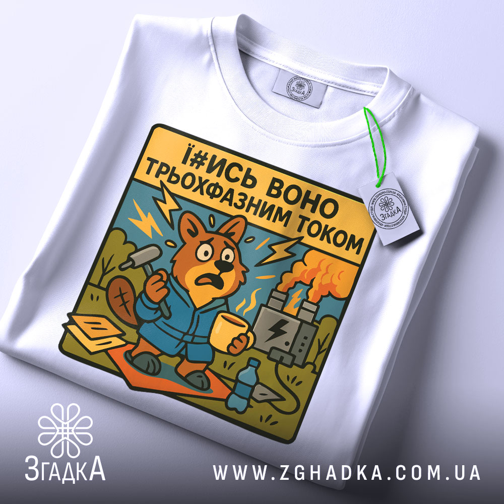 Футболка трьохфазний гумор. Біла футболка, складена на поверхні, з принтом бобра в синьому халаті, який виглядає стурбованим. Принт яскравий, з жовтим текстом, на фоні електричної станції.