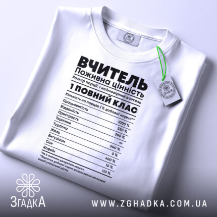 Футболка вчитель робочий заряд, біла, розкладена на поверхні, фон світло-сірий, принт чорного кольору з текстом про характеристики вчителя, на комірці зелена етикетка.
