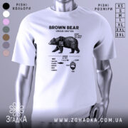 Футболка ведмідь схема, біла, зображена на манекені, фон світло-сірий, принт з чорними деталями, що містить інформацію про ведмедя, включаючи його вагу, зріст і дієту.