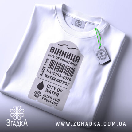 Футболка Вінниця місто фонтанів, біла, складена на поверхні, фон світло-сірий, принт у сірому кольорі з текстом "ВІННИЦЯ CITY OF FOUNTAINS" та етикетка з зеленим шнурком.