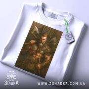 Футболка воїн вікінг білого кольору, зображена зверху на столі, фон світло-сірий, принт зображає м'язистого вікінга з сокирами, на футболці є етикетка з зеленим шнурком.