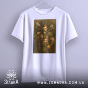 Футболка воїн вікінг білого кольору, підвішена на вішалці, фон світло-сірий, принт зображає м'язистого вікінга з сокирами на фоні кельтського орнаменту.