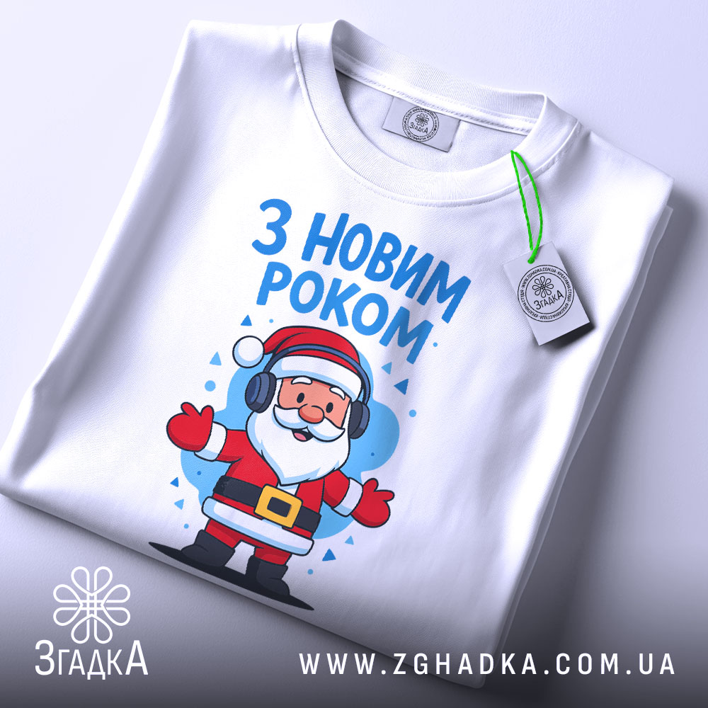 Футболка з Новим Роком, білого кольору, зображена з близького ракурсу, лежить на поверхні, фон світло-сірий, принт з Сантою в навушниках, напис 'З НОВИМ РОКОМ' розташований над персонажем.