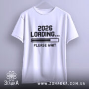 Футболка завантаження року, біла футболка на вішалці, з принтом '2026 LOADING... PLEASE WAIT' у чорному кольорі, фон світло-сірий, деталі принта добре видно.